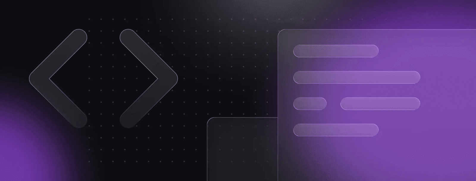 Futuristic digital interface with purple and black elements, featuring coding symbols and geometric shapes on a dark background.