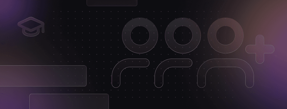 Abstract design with outlines of three people, a graduation cap icon, and a plus sign on a dark, gradient background.