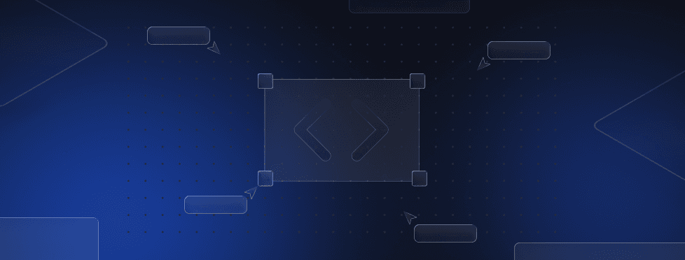 Abstract digital design with code symbols in center, surrounded by geometric shapes and dotted pattern on a dark blue background.