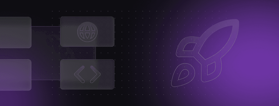 Digital interface with globe and code icons on left, stylized rocket icon on right; dark background with purple gradient.