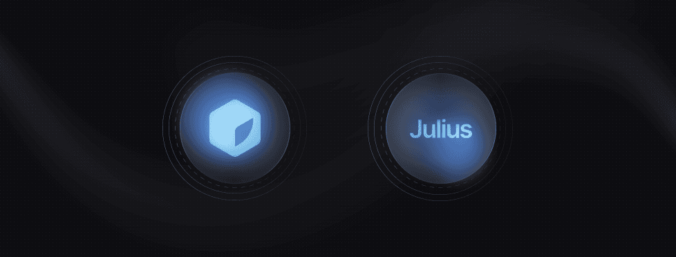 Two glowing circular icons on a dark background: one with a stylized geometric shape, the other with the text "Julius."