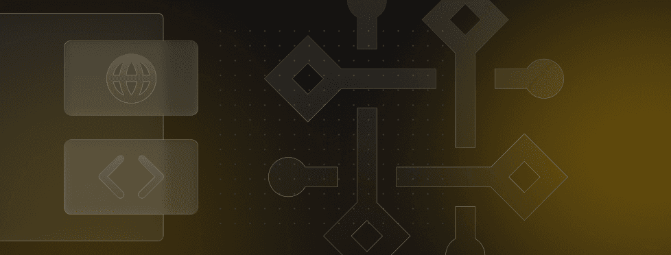 Abstract digital illustration featuring geometric shapes and symbols on a gradient background.