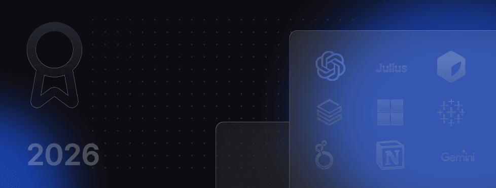 Abstract image with futuristic tech icons, a medal symbol, and the year "2026" on a dark background with blue highlights.